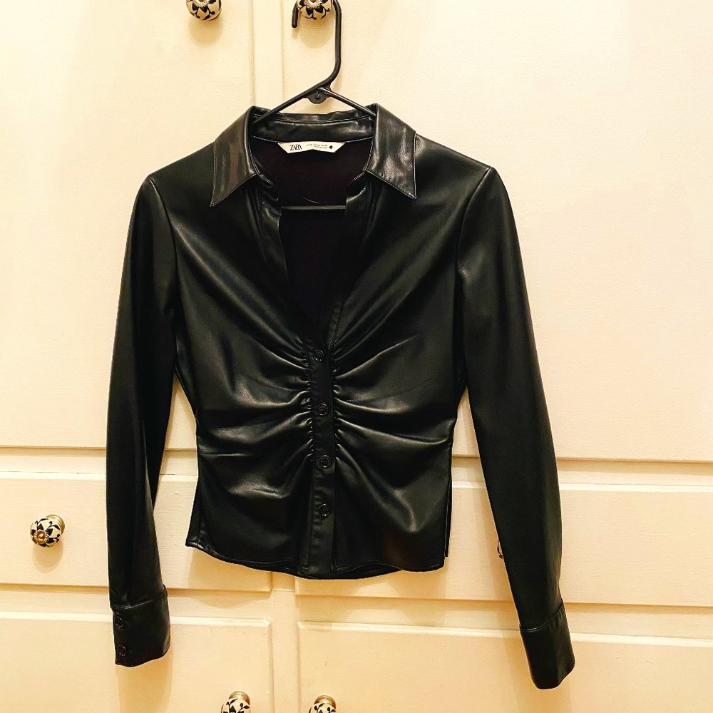 Zara faux leather button up top with cinched waist.